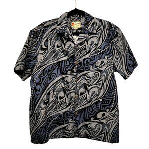 Hilo Hattie Hawaiian Shirt Mens Large Blue Silver Aztec Button Up‎